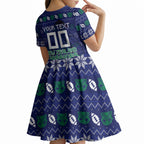 Personalized New Zealand Warriors Christmas Kid Short Sleeve Dress Maori Rugby Fans - Pixelated Ugly Xmas Pattern Mascot Santa