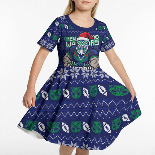 Personalized New Zealand Warriors Christmas Kid Short Sleeve Dress Maori Rugby Fans - Pixelated Ugly Xmas Pattern Mascot Santa