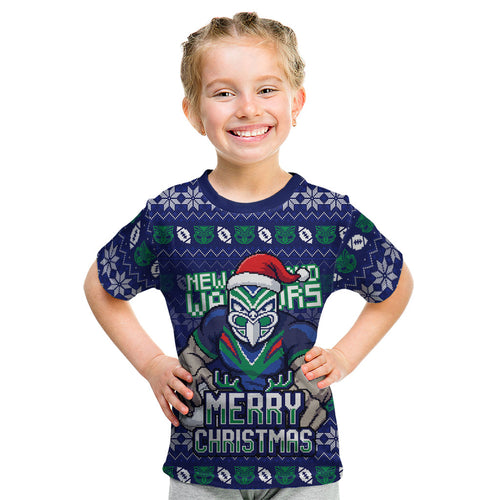 Personalized New Zealand Warriors Christmas Kid T Shirt Maori Rugby Fans - Pixelated Ugly Xmas Pattern Mascot Santa