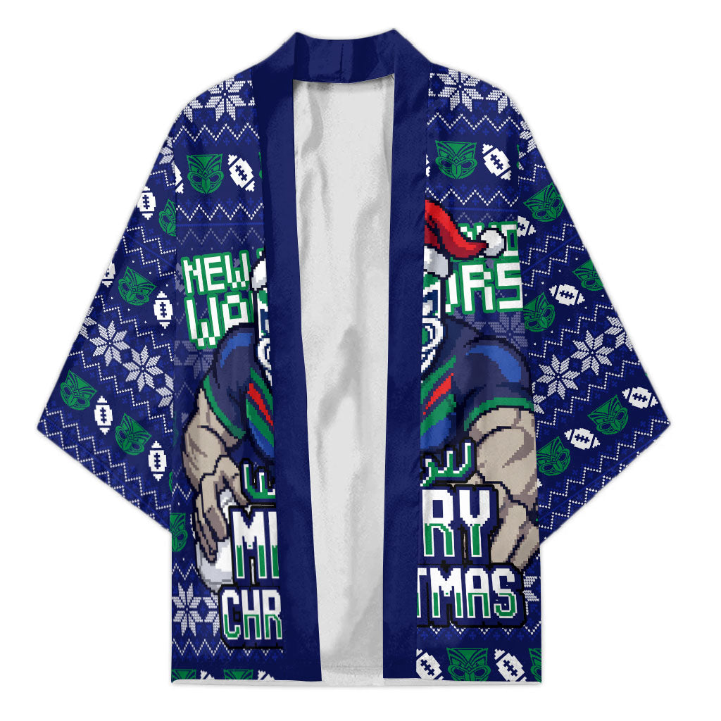 Personalized New Zealand Warriors Christmas Kimono Maori Rugby Fans - Pixelated Ugly Xmas Pattern Mascot Santa