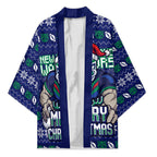 Personalized New Zealand Warriors Christmas Kimono Maori Rugby Fans - Pixelated Ugly Xmas Pattern Mascot Santa