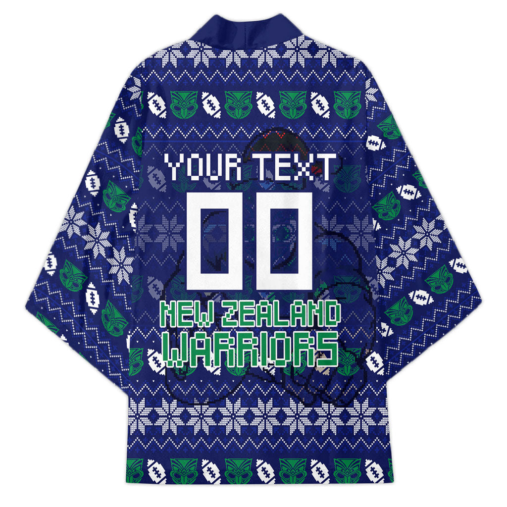 Personalized New Zealand Warriors Christmas Kimono Maori Rugby Fans - Pixelated Ugly Xmas Pattern Mascot Santa