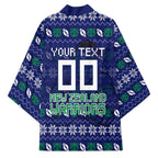 Personalized New Zealand Warriors Christmas Kimono Maori Rugby Fans - Pixelated Ugly Xmas Pattern Mascot Santa