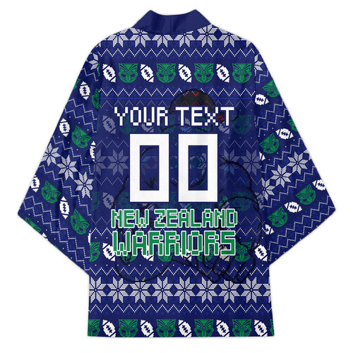 Personalized New Zealand Warriors Christmas Kimono Maori Rugby Fans - Pixelated Ugly Xmas Pattern Mascot Santa