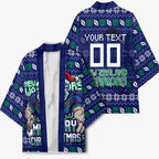 Personalized New Zealand Warriors Christmas Kimono Maori Rugby Fans - Pixelated Ugly Xmas Pattern Mascot Santa