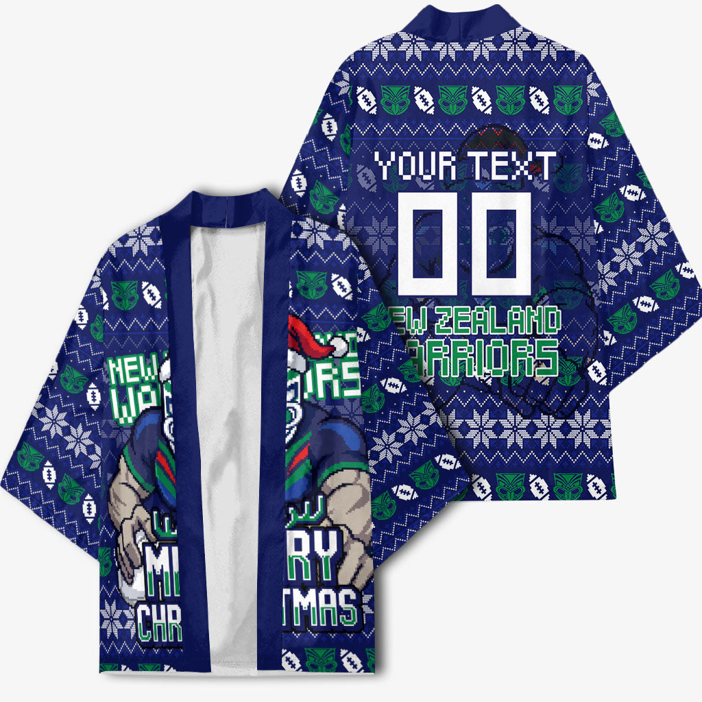 Personalized New Zealand Warriors Christmas Kimono Maori Rugby Fans - Pixelated Ugly Xmas Pattern Mascot Santa