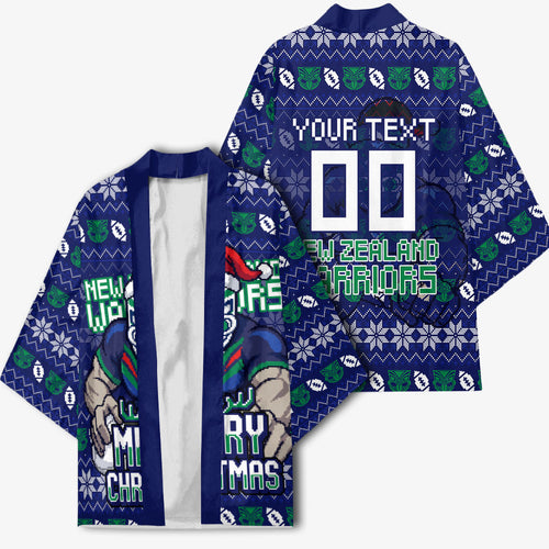 Personalized New Zealand Warriors Christmas Kimono Maori Rugby Fans - Pixelated Ugly Xmas Pattern Mascot Santa