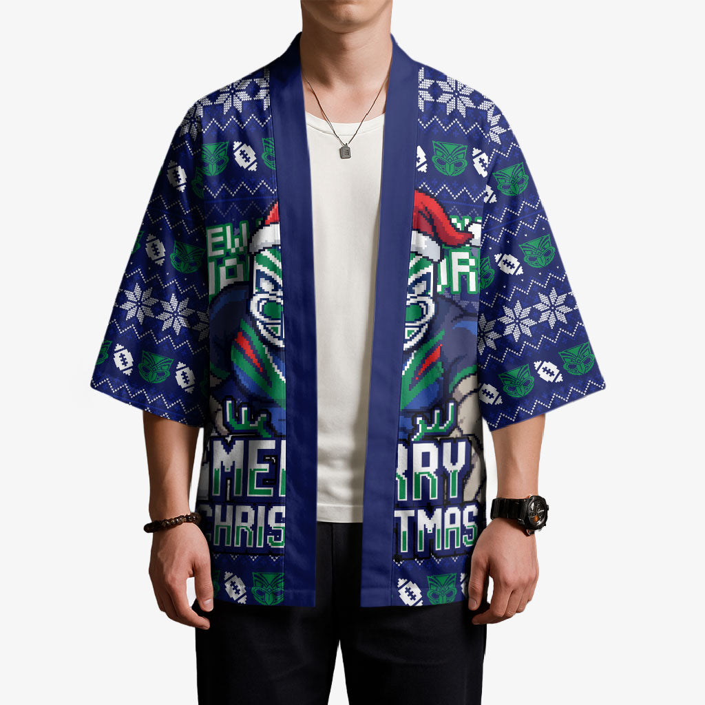 Personalized New Zealand Warriors Christmas Kimono Maori Rugby Fans - Pixelated Ugly Xmas Pattern Mascot Santa