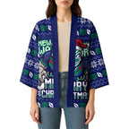 Personalized New Zealand Warriors Christmas Kimono Maori Rugby Fans - Pixelated Ugly Xmas Pattern Mascot Santa