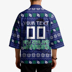 Personalized New Zealand Warriors Christmas Kimono Maori Rugby Fans - Pixelated Ugly Xmas Pattern Mascot Santa
