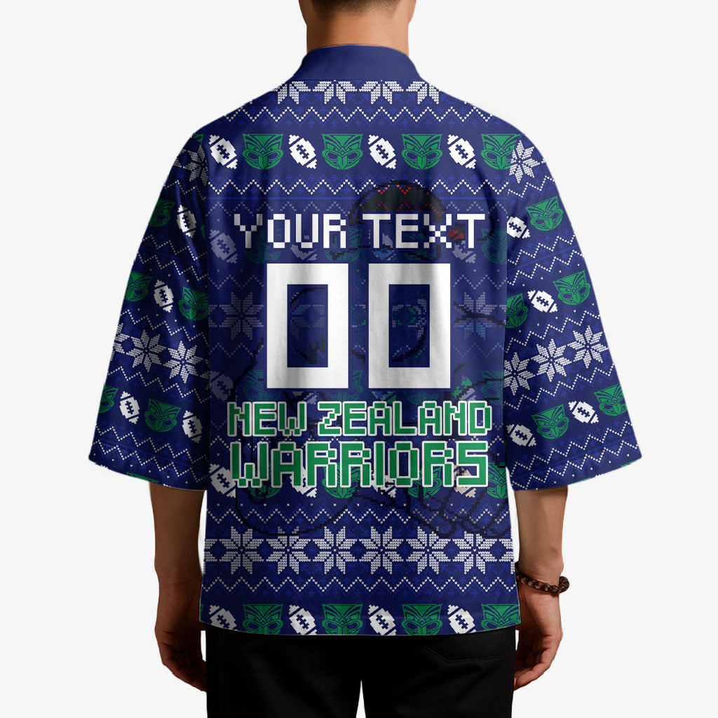 Personalized New Zealand Warriors Christmas Kimono Maori Rugby Fans - Pixelated Ugly Xmas Pattern Mascot Santa