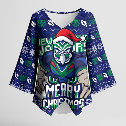 Personalized New Zealand Warriors Christmas Kimono Sleeve Blouse Maori Rugby Fans - Pixelated Ugly Xmas Pattern Mascot Santa