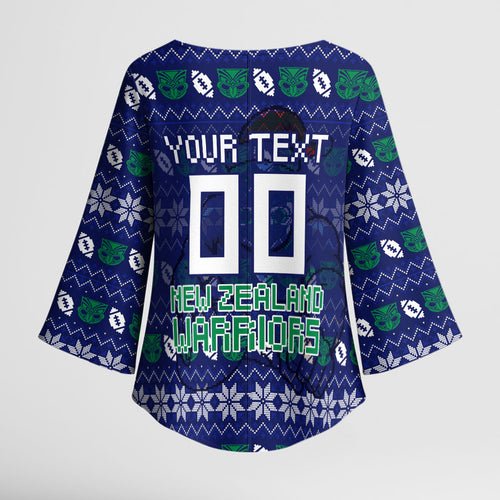 Personalized New Zealand Warriors Christmas Kimono Sleeve Blouse Maori Rugby Fans - Pixelated Ugly Xmas Pattern Mascot Santa