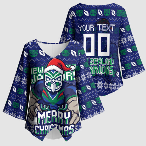 Personalized New Zealand Warriors Christmas Kimono Sleeve Blouse Maori Rugby Fans - Pixelated Ugly Xmas Pattern Mascot Santa