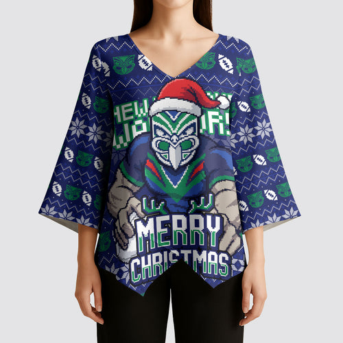 Personalized New Zealand Warriors Christmas Kimono Sleeve Blouse Maori Rugby Fans - Pixelated Ugly Xmas Pattern Mascot Santa