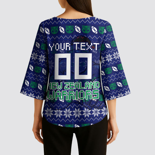 Personalized New Zealand Warriors Christmas Kimono Sleeve Blouse Maori Rugby Fans - Pixelated Ugly Xmas Pattern Mascot Santa