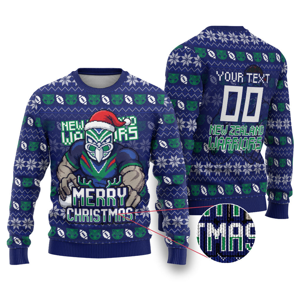 Personalized New Zealand Warriors Christmas Ugly Christmas Sweater Maori Rugby Fans - Pixelated Ugly Xmas Pattern Mascot Santa