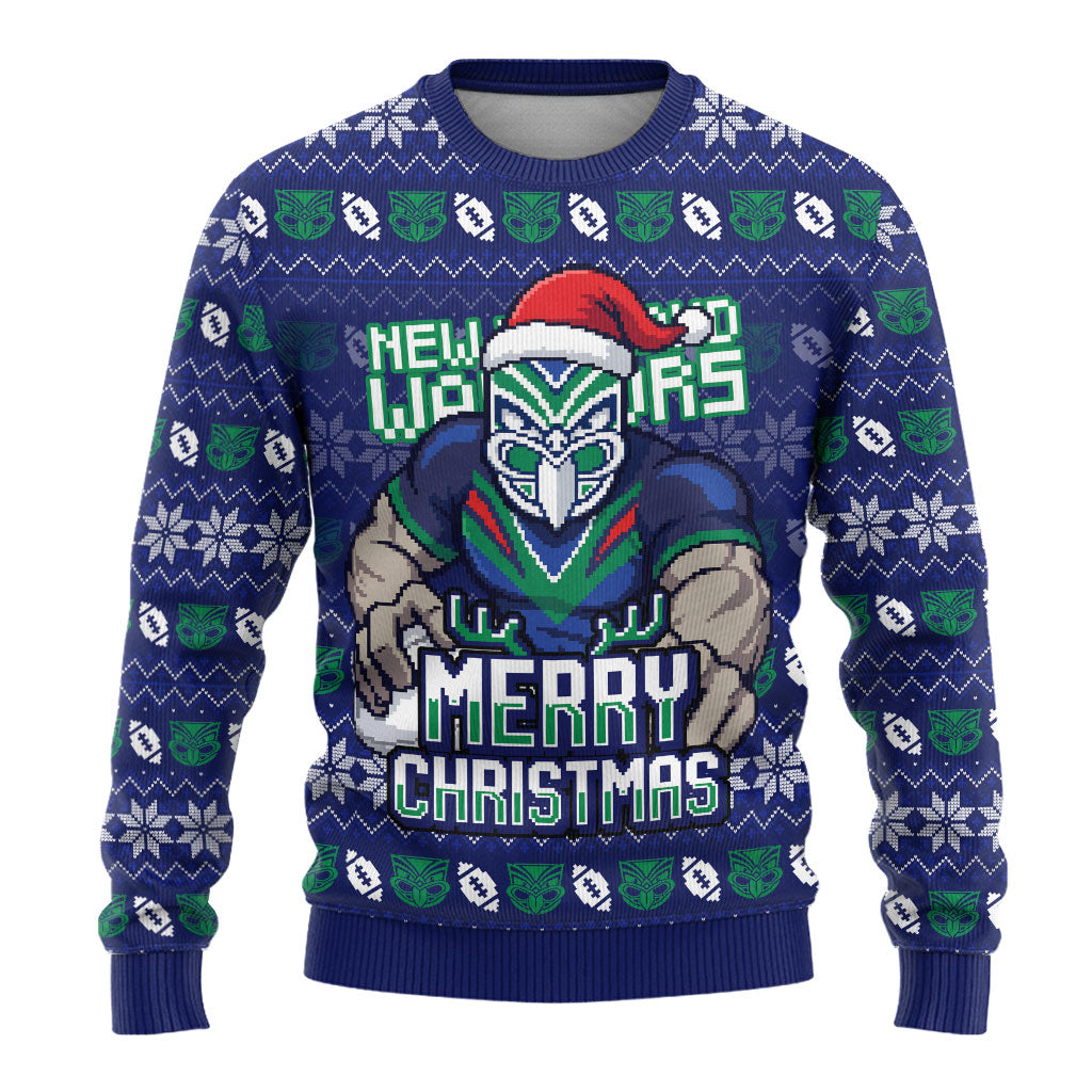 Personalized New Zealand Warriors Christmas Ugly Christmas Sweater Maori Rugby Fans - Pixelated Ugly Xmas Pattern Mascot Santa