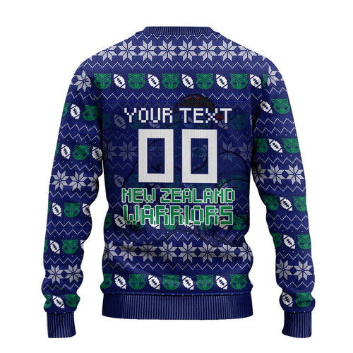 Personalized New Zealand Warriors Christmas Ugly Christmas Sweater Maori Rugby Fans - Pixelated Ugly Xmas Pattern Mascot Santa