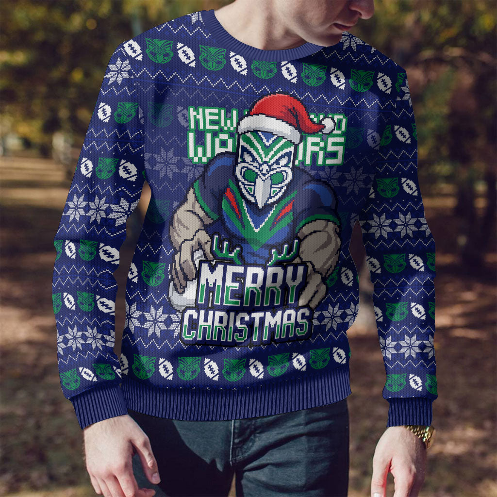 Personalized New Zealand Warriors Christmas Ugly Christmas Sweater Maori Rugby Fans - Pixelated Ugly Xmas Pattern Mascot Santa