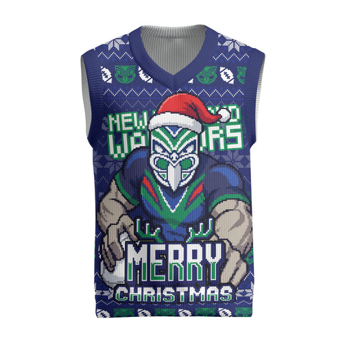 Personalized New Zealand Warriors Christmas Knitted V-Neck Vest Maori Rugby Fans - Pixelated Ugly Xmas Pattern Mascot Santa
