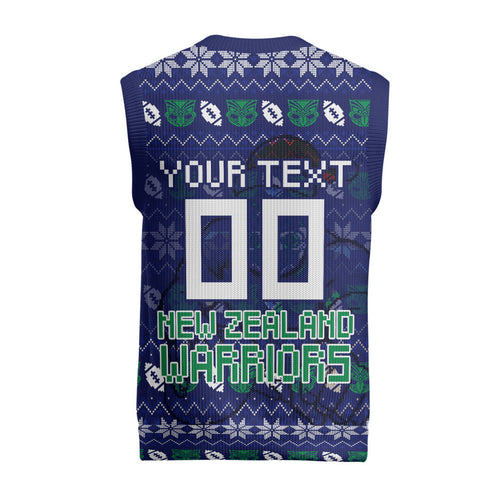 Personalized New Zealand Warriors Christmas Knitted V-Neck Vest Maori Rugby Fans - Pixelated Ugly Xmas Pattern Mascot Santa