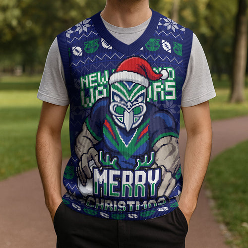 Personalized New Zealand Warriors Christmas Knitted V-Neck Vest Maori Rugby Fans - Pixelated Ugly Xmas Pattern Mascot Santa