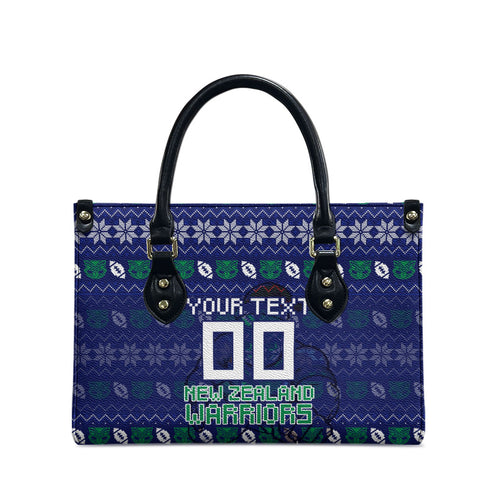 Personalized New Zealand Warriors Christmas Leather Bag Maori Rugby Fans - Pixelated Ugly Xmas Pattern Mascot Santa