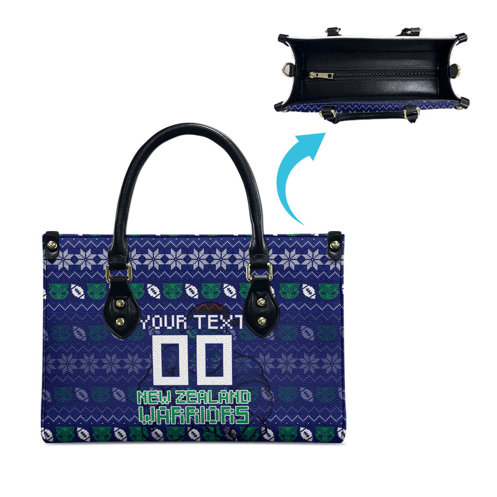 Personalized New Zealand Warriors Christmas Leather Bag Maori Rugby Fans - Pixelated Ugly Xmas Pattern Mascot Santa