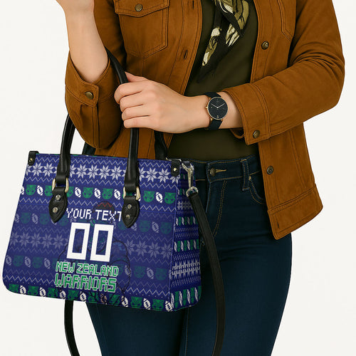 Personalized New Zealand Warriors Christmas Leather Bag Maori Rugby Fans - Pixelated Ugly Xmas Pattern Mascot Santa