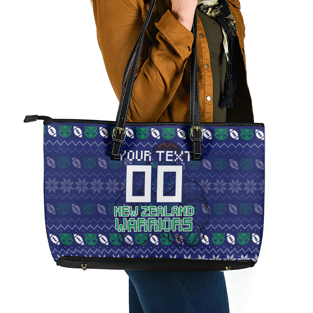 Personalized New Zealand Warriors Christmas Leather Tote Bag Maori Rugby Fans - Pixelated Ugly Xmas Pattern Mascot Santa