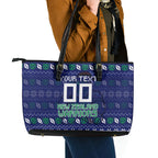 Personalized New Zealand Warriors Christmas Leather Tote Bag Maori Rugby Fans - Pixelated Ugly Xmas Pattern Mascot Santa