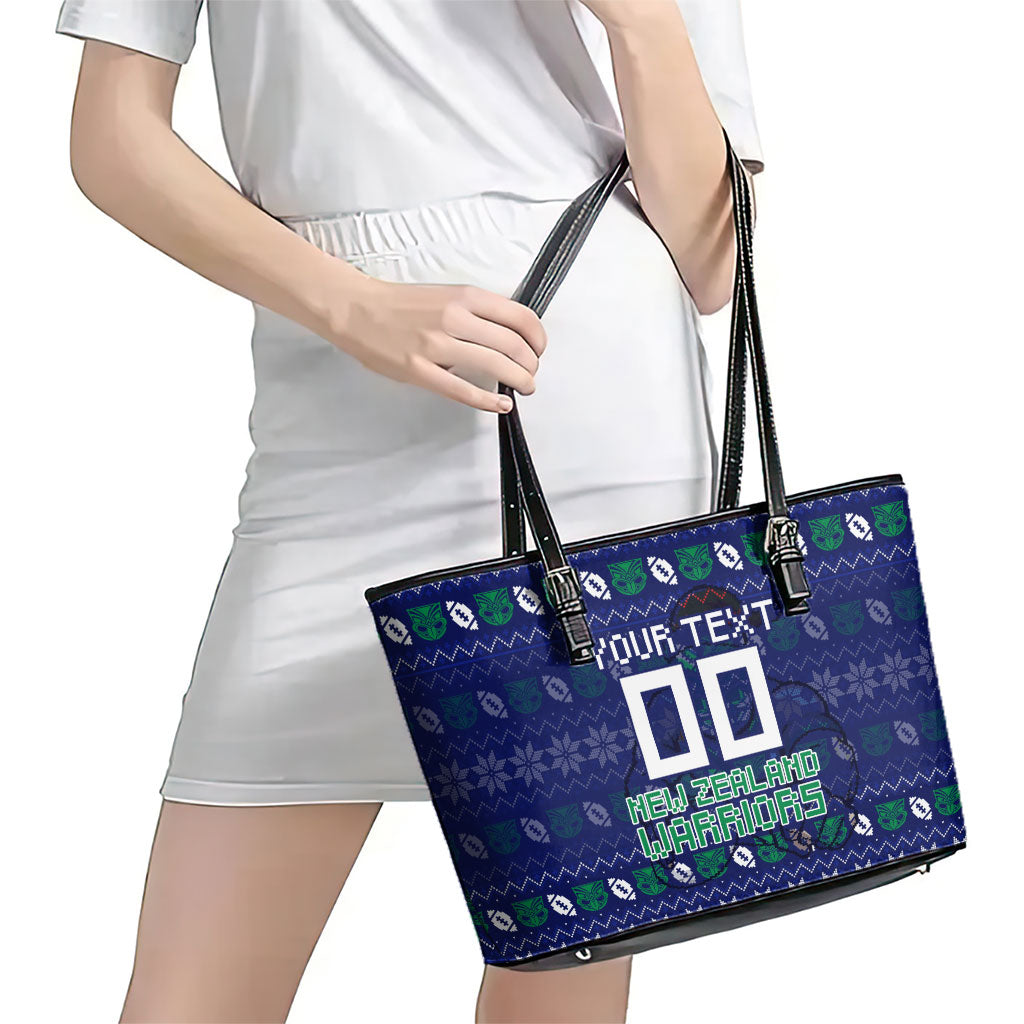 Personalized New Zealand Warriors Christmas Leather Tote Bag Maori Rugby Fans - Pixelated Ugly Xmas Pattern Mascot Santa