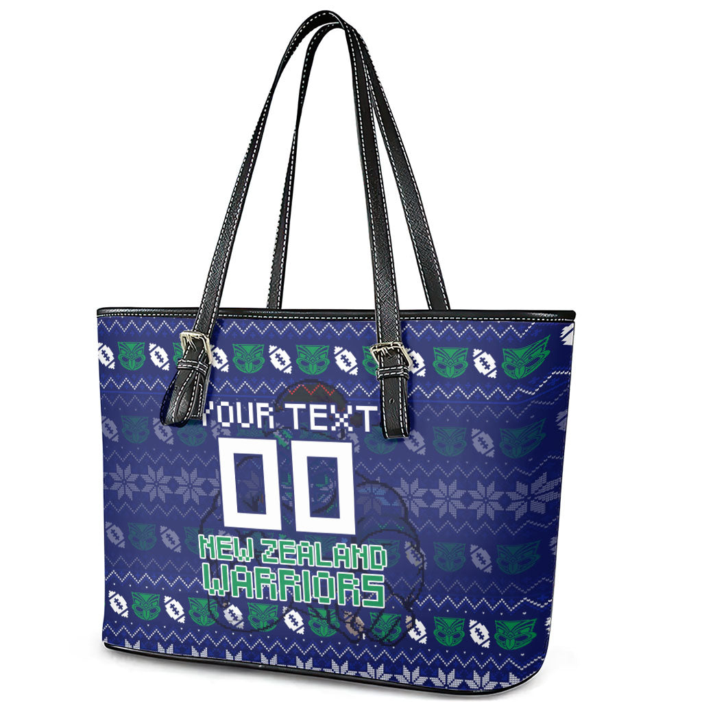 Personalized New Zealand Warriors Christmas Leather Tote Bag Maori Rugby Fans - Pixelated Ugly Xmas Pattern Mascot Santa