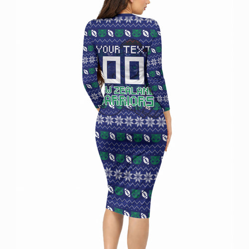 Personalized New Zealand Warriors Christmas Long Sleeve Bodycon Dress Maori Rugby Fans - Pixelated Ugly Xmas Pattern Mascot Santa