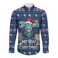 Personalized New Zealand Warriors Christmas Long Sleeve Button Shirt Maori Rugby Fans - Pixelated Ugly Xmas Pattern Mascot Santa