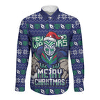 Personalized New Zealand Warriors Christmas Long Sleeve Button Shirt Maori Rugby Fans - Pixelated Ugly Xmas Pattern Mascot Santa
