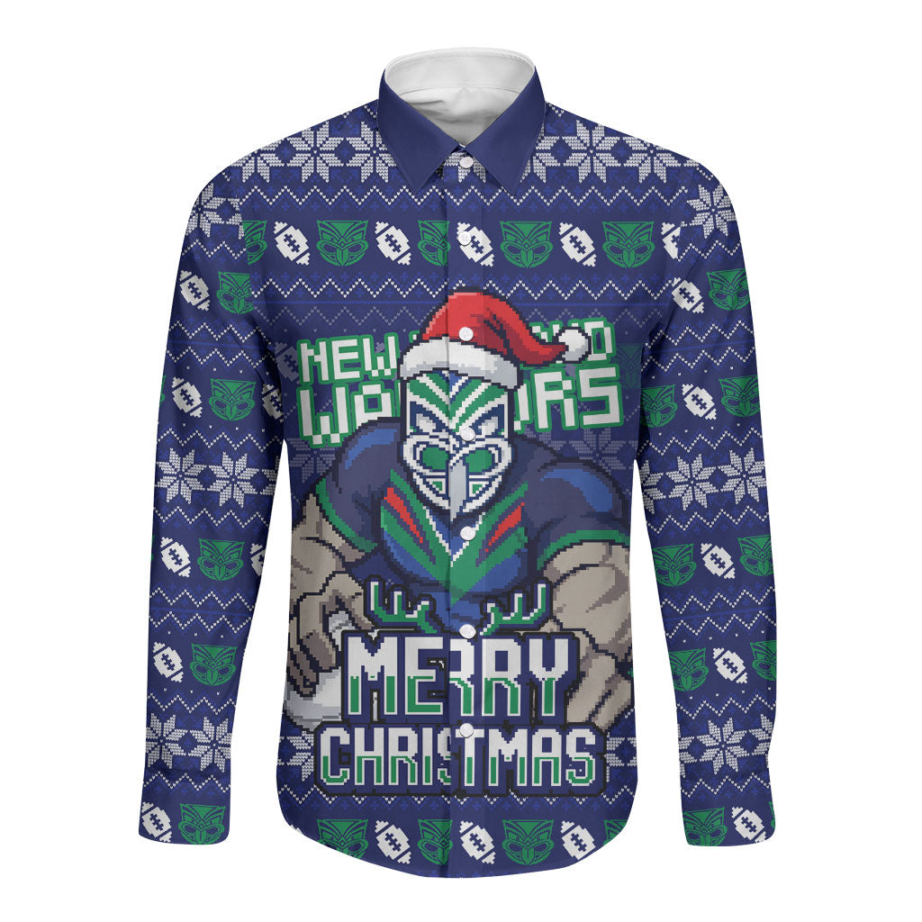 Personalized New Zealand Warriors Christmas Long Sleeve Button Shirt Maori Rugby Fans - Pixelated Ugly Xmas Pattern Mascot Santa