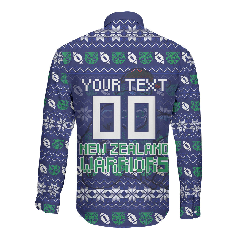 Personalized New Zealand Warriors Christmas Long Sleeve Button Shirt Maori Rugby Fans - Pixelated Ugly Xmas Pattern Mascot Santa
