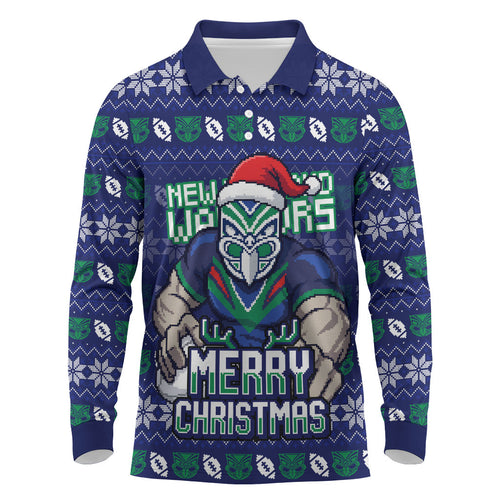 Personalized New Zealand Warriors Christmas Long Sleeve Polo Shirt Maori Rugby Fans - Pixelated Ugly Xmas Pattern Mascot Santa