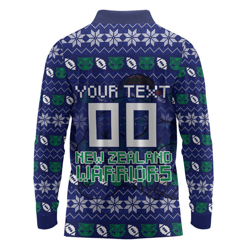 Personalized New Zealand Warriors Christmas Long Sleeve Polo Shirt Maori Rugby Fans - Pixelated Ugly Xmas Pattern Mascot Santa
