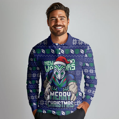 Personalized New Zealand Warriors Christmas Long Sleeve Polo Shirt Maori Rugby Fans - Pixelated Ugly Xmas Pattern Mascot Santa