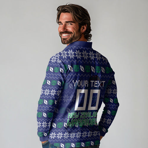 Personalized New Zealand Warriors Christmas Long Sleeve Polo Shirt Maori Rugby Fans - Pixelated Ugly Xmas Pattern Mascot Santa