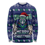Personalized New Zealand Warriors Christmas Long Sleeve Shirt Maori Rugby Fans - Pixelated Ugly Xmas Pattern Mascot Santa