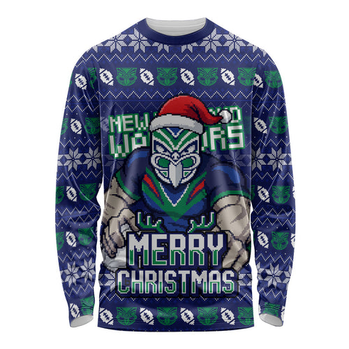 Personalized New Zealand Warriors Christmas Long Sleeve Shirt Maori Rugby Fans - Pixelated Ugly Xmas Pattern Mascot Santa