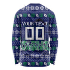 Personalized New Zealand Warriors Christmas Long Sleeve Shirt Maori Rugby Fans - Pixelated Ugly Xmas Pattern Mascot Santa