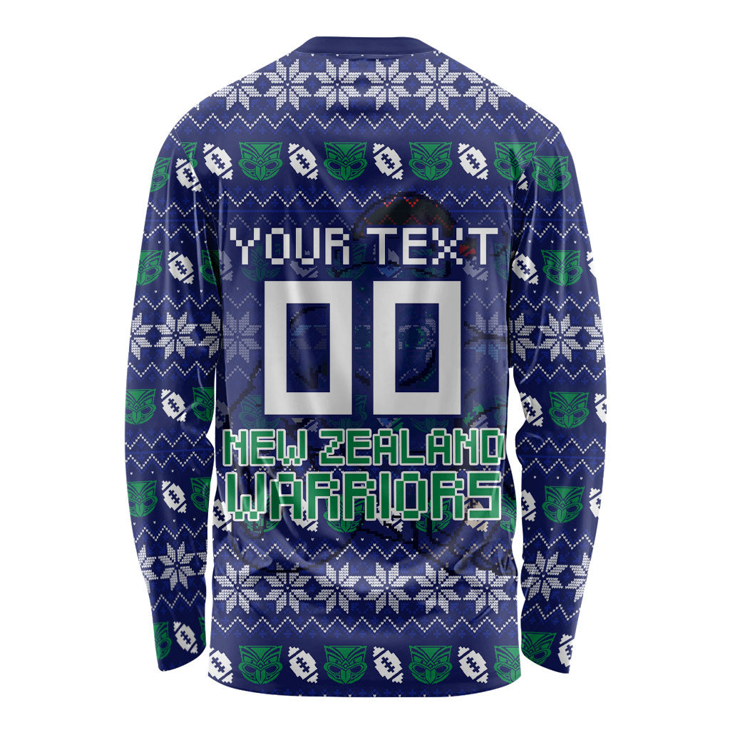 Personalized New Zealand Warriors Christmas Long Sleeve Shirt Maori Rugby Fans - Pixelated Ugly Xmas Pattern Mascot Santa