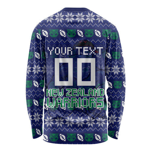 Personalized New Zealand Warriors Christmas Long Sleeve Shirt Maori Rugby Fans - Pixelated Ugly Xmas Pattern Mascot Santa