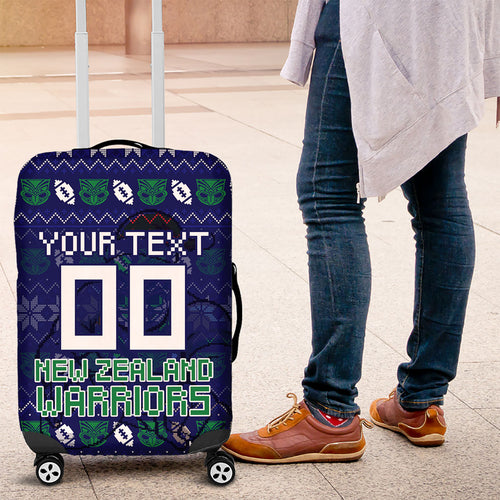 Personalized New Zealand Warriors Christmas Luggage Cover Maori Rugby Fans - Pixelated Ugly Xmas Pattern Mascot Santa