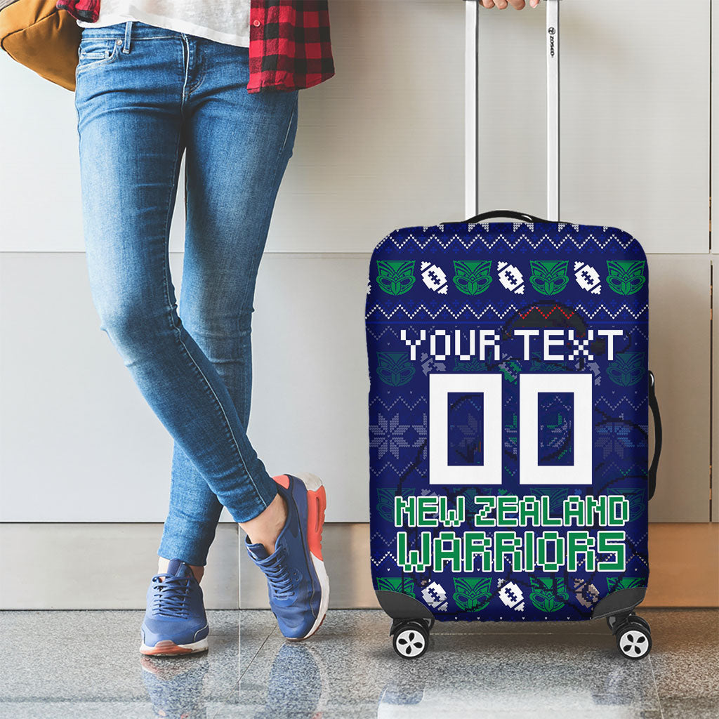 Personalized New Zealand Warriors Christmas Luggage Cover Maori Rugby Fans - Pixelated Ugly Xmas Pattern Mascot Santa